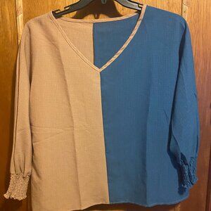 Temu tan and blue blouse